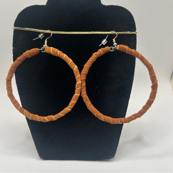 Hand Crafted Jewelry - Vintage Boho Leather Brown Wrapped Hoop Earrings Handmade​​​